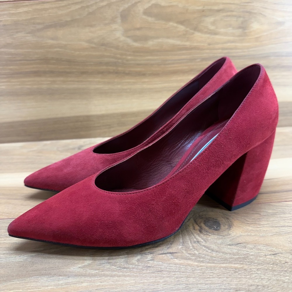 PRADA Pointed Toe Red Suede Pumps 6 EU 36‎ Block Heeled Dress Formal Shoes